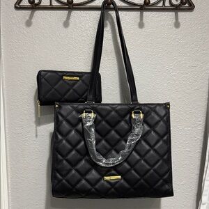 NWOT Joy Mangano first class luxury quilted black leather tote w/clutch wallet